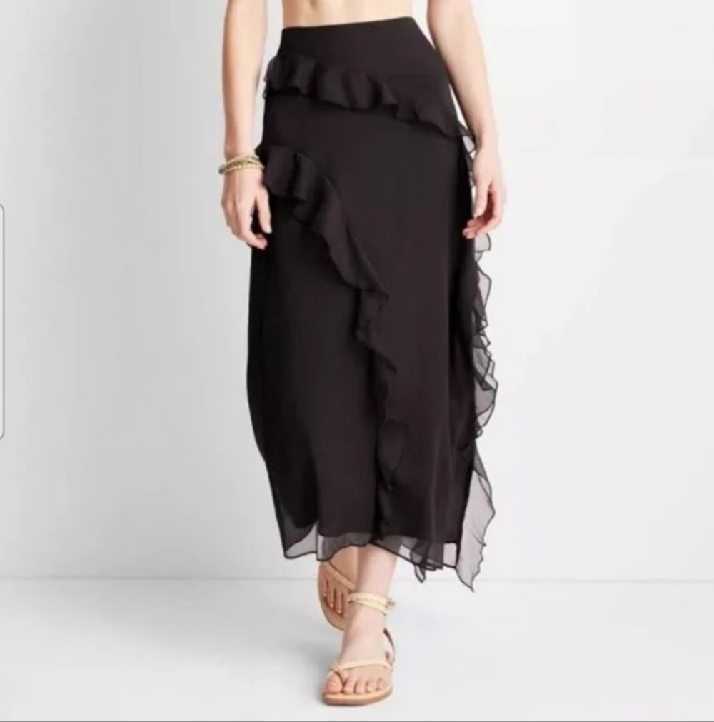 Asymmetrical Ruffle Maxi Black Skirt - Future Collective - 00